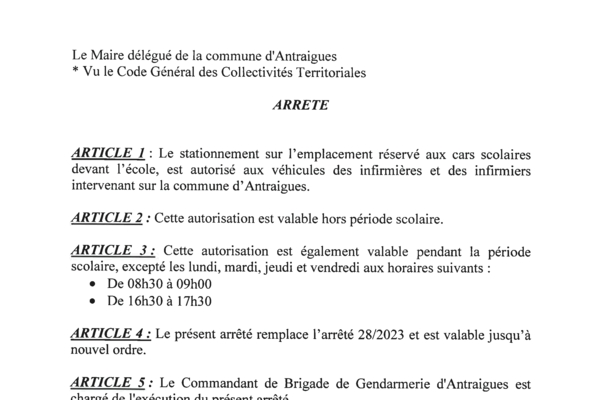 ANTRAIGUES - Arrêté 40/2023 - PARKING INFIRMIÈRES/INFIRMIERS