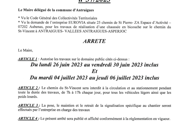 ANTRAIGUES - Arrêté 37/2023 - Travaux au St Vincent