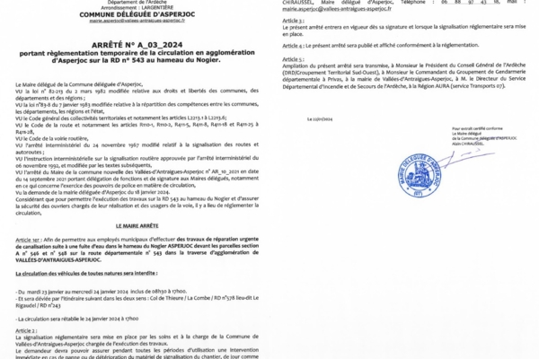 ASPERJOC - Arrêté 03/2024 - Route barrée hameau du Nogier