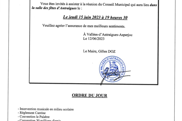 Ordre du jour du conseil municipal du 15 juin 2023