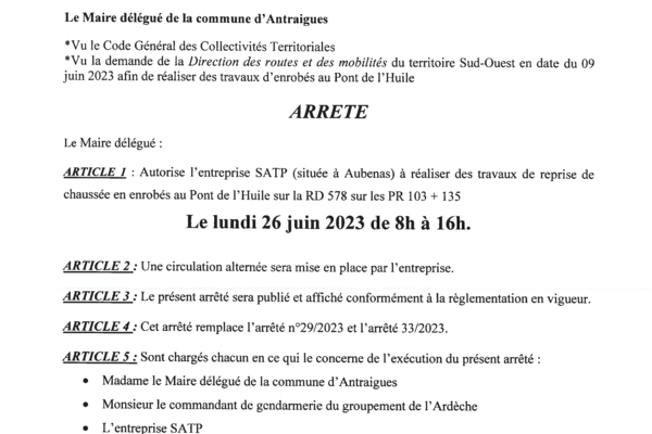 ANTRAIGUES - Arrêté 36/2023 - Travaux au Pont de l'Huile