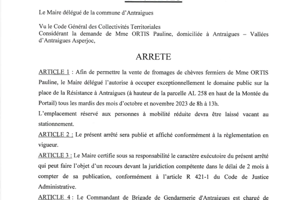 Antraigues - Arrêté 71/2023 - Prolongement marché Pauline ORTIS