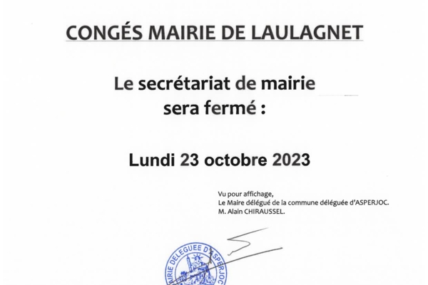 ASPERJOC - Fermeture exceptionnelle du secrétariat de mairie