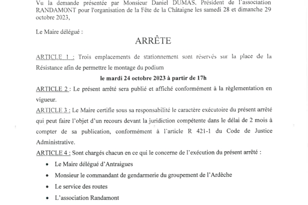 ANTRAIGUES - Arrêté 74/2023 - Fête de la Châtaigne