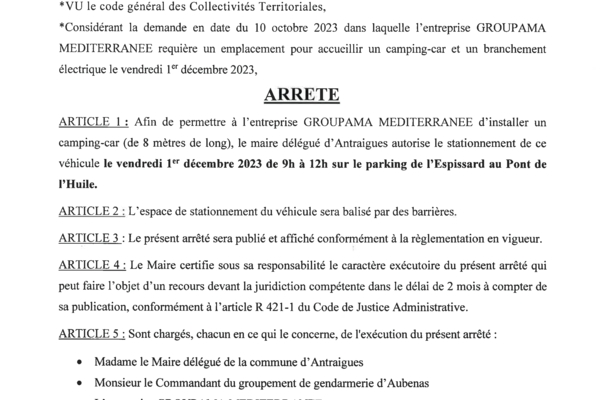 ANTRAIGUES - Arrêté 80/2023 - Stationnement camping-car GROUPAMA parking de l'Espissard