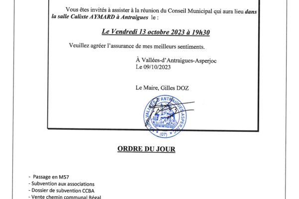 Ordre du jour du conseil municipal du 13 octobre 2023