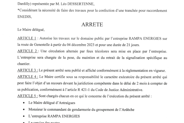 ANTRAIGUES - Arrêté 84/2023 - Travaux RAMPA Energies