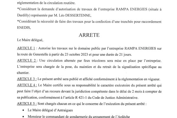 ANTRAIGUES - Arrêté 75/2023 - Travaux RAMPA Energies route de Genestelle