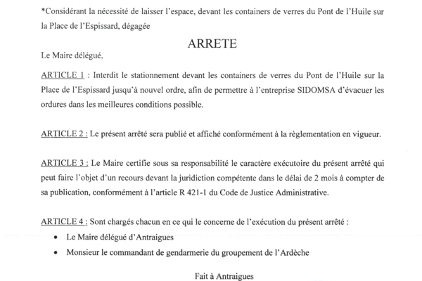 ANTRAIGUES - Arrêté 85/2023 - Stationnement containers verres parking de l'Espissard