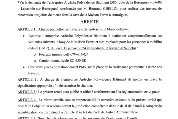 ANTRAIGUES - Arrêté 01/2024 - Travaux APB au Village