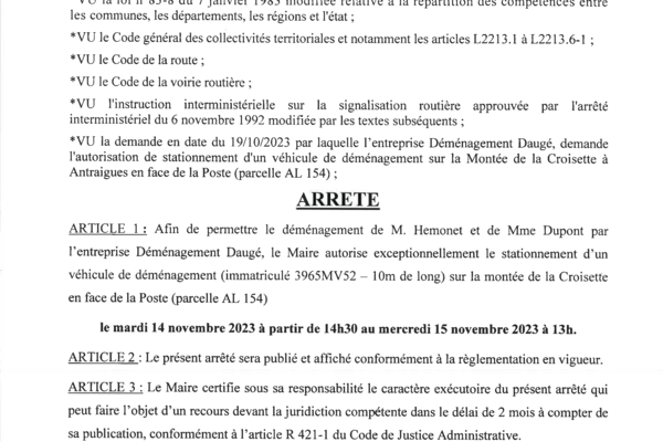 ANTRAIGUES - Arrêté 76/2023 - Déménagement montée de la Croisette