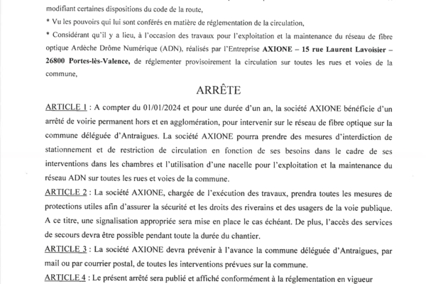 ANTRAIGUES - Arrêté 77/2023 - Maintenance réseau fibre optique