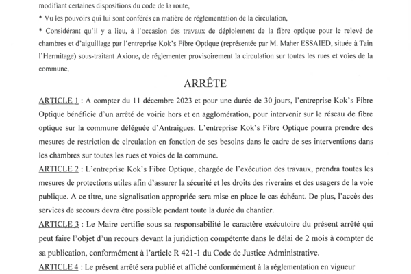 ANTRAIGUES - Arrêté 86/2023 - Travaux fibre sur la commune