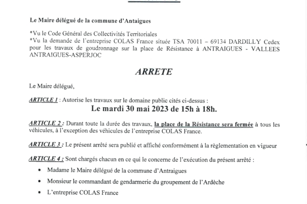 ANTRAIGUES - Arrêté 27/2023 - GOUDRONNAGE SUR LA PLACE DE LA RÉSISTANCE