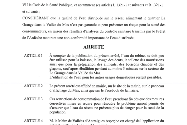Antraigues - Arrêté 70/2023 - Restriction consommation eau Vallée du Mas
