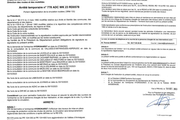 Arrêté du Département - Travaux RD578