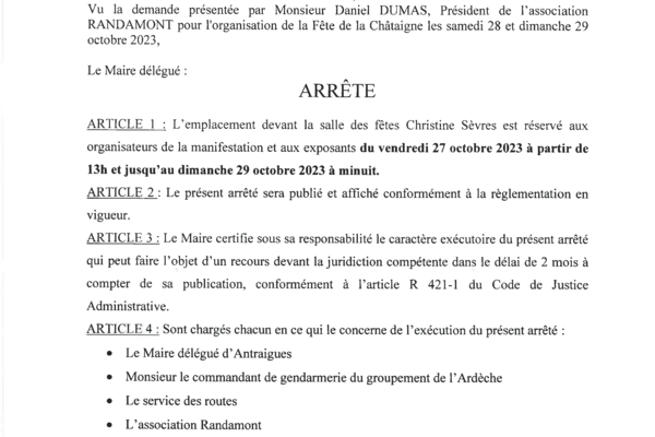 ANTRAIGUES - Arrêté 78/2023 - Fête de la Châtaigne