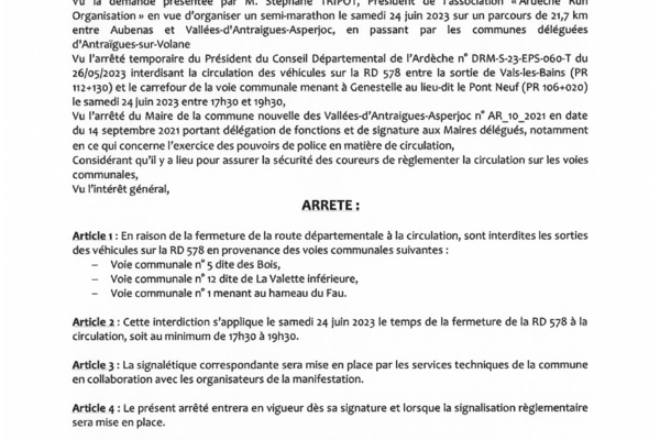 ASPERJOC - Arrêté 18/2023 - Ardèche Run