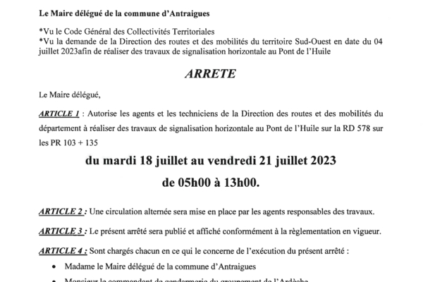 ANTRAIGUES - Arrêté 43/2023 - Travaux au Pont de l'Huile