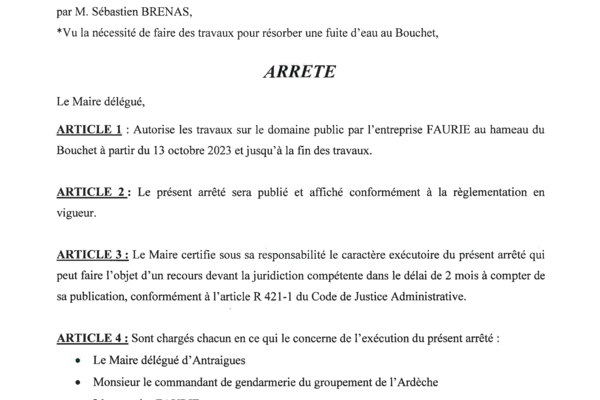 ANTRAIGUES - Arrêté 72/2023 - Travaux entreprise FAURIE au Bouchet