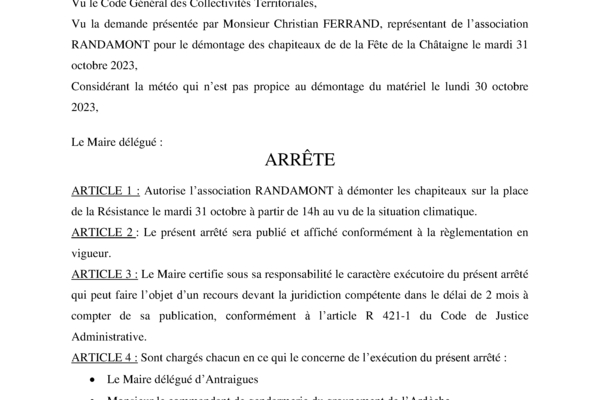 ANTRAIGUES - Arrêté 79/2023 - Fête de la Châtaigne - Démontage chapiteaux