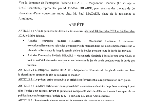 ANTRAIGUES - Arrêté 83/2023 - Travaux place de la Résistance
