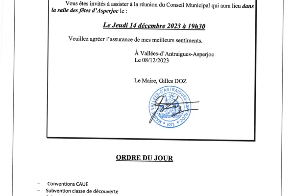 Ordre du jour du conseil municipal du 14 décembre 2023