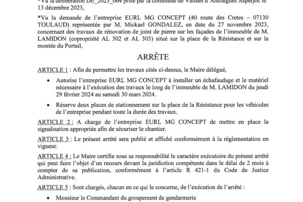 ANTRAIGUES - Arrêté 04/2024 - Travaux Office de Tourisme