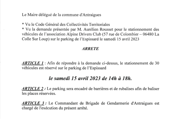 ANTRAIGUES - Arrêté 18/2023 - Stationnement réservé au parking de l'Espissard